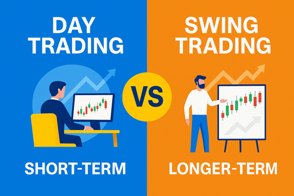 "Day Trading vs Swing Trading comparison graphic showing differences in strategy, timeframes, and trade frequency"