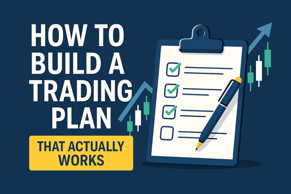 Illustration of a trader building a professional trading plan for prop firm success with charts and checklist elements