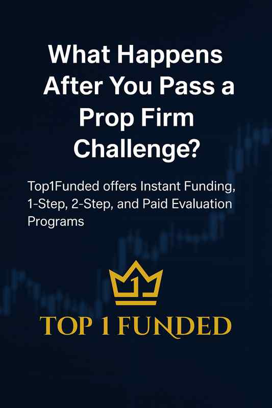 A bold black and gold header image with the question “What Happens After You Pass a Prop Firm Challenge?” designed for Top1Funded’s blog. It highlights the next steps after passing a trading evaluation, including instant funding, real account access, and payout options.