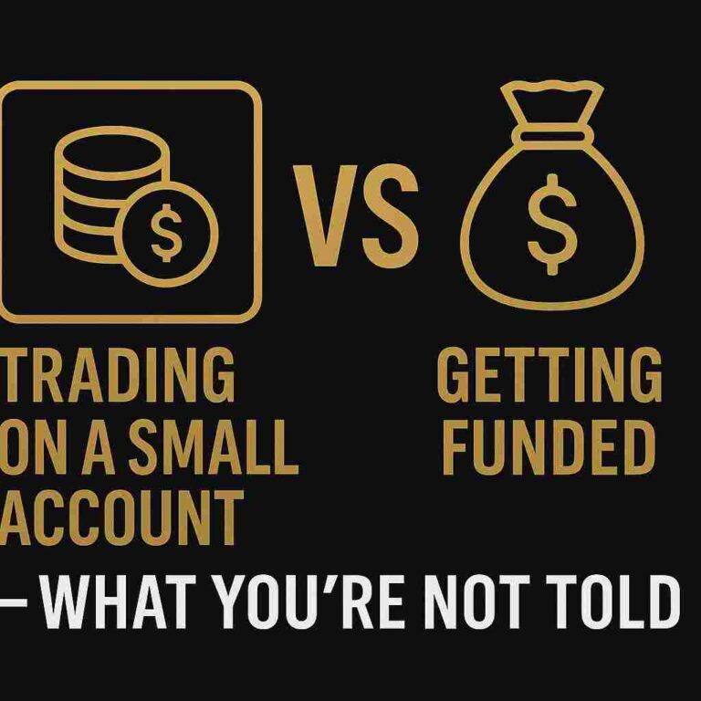 Comparison graphic showing ‘Trading on a Small Account’ versus ‘Getting Funded’ with gold icons and text on a black background, emphasizing the hidden advantages of funded trading accounts