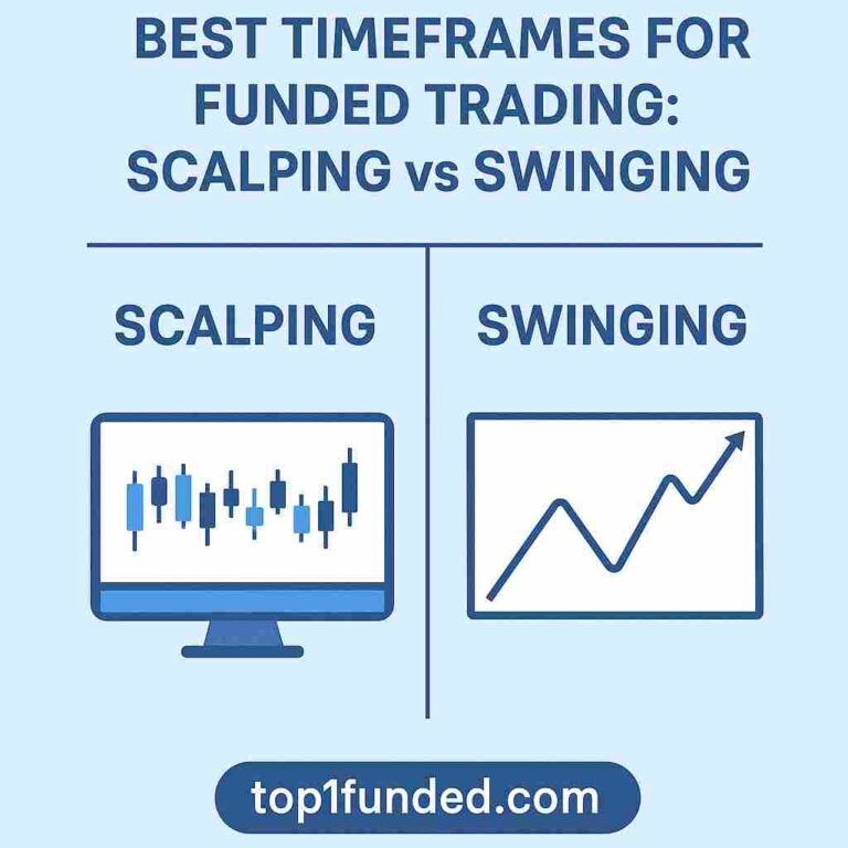 “Infographic comparing scalping and swinging strategies for funded trading, showing candlestick chart for scalping and line chart for swing trading with Top1Funded URL at the bottom”