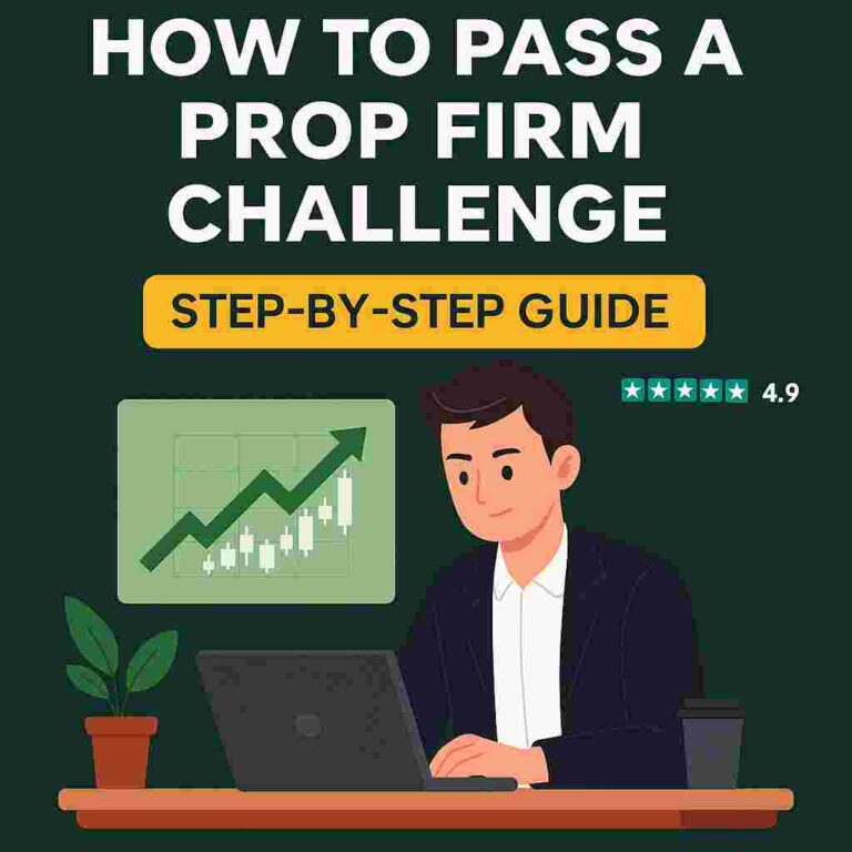 Illustration of a focused trader preparing to pass a prop firm challenge, surrounded by financial charts and strategy icons.”